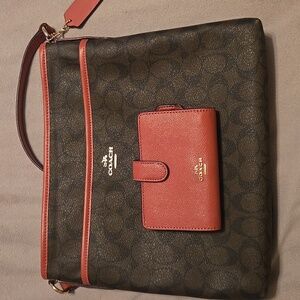 Coach Brown and Pink Signature Crossbody Bag with wallet